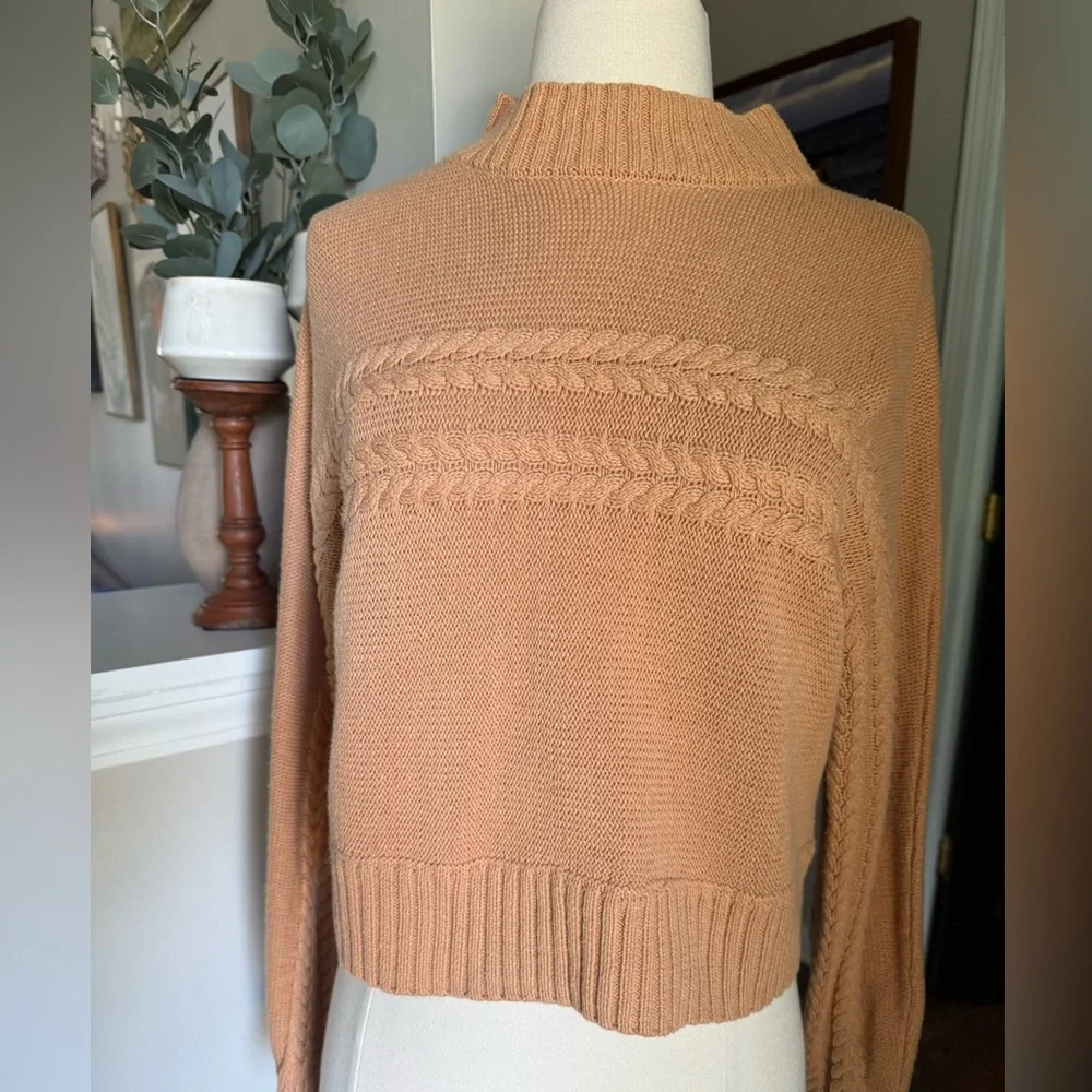 Pink Lily tan cropped mock neck sweater S